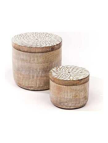 Lot de 2 boîtes rondes motif devant bois MANGO WOOD