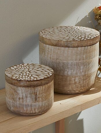 Lot de 2 boîtes rondes motif devant bois MANGO WOOD