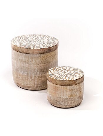 Lot de 2 boîtes rondes motif devant bois MANGO WOOD
