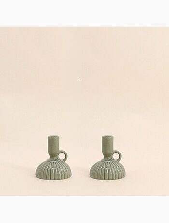 Lot de 2 bougeoirs en céramique strié vert