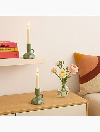 Lot de 2 bougeoirs en céramique strié vert