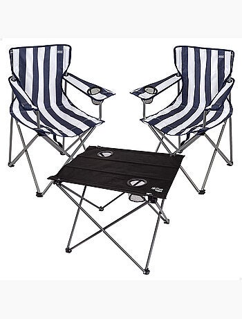 Lot de 2 chaises de camping rayées 48x47x82 cm et table pliante 61x50x51 cm
