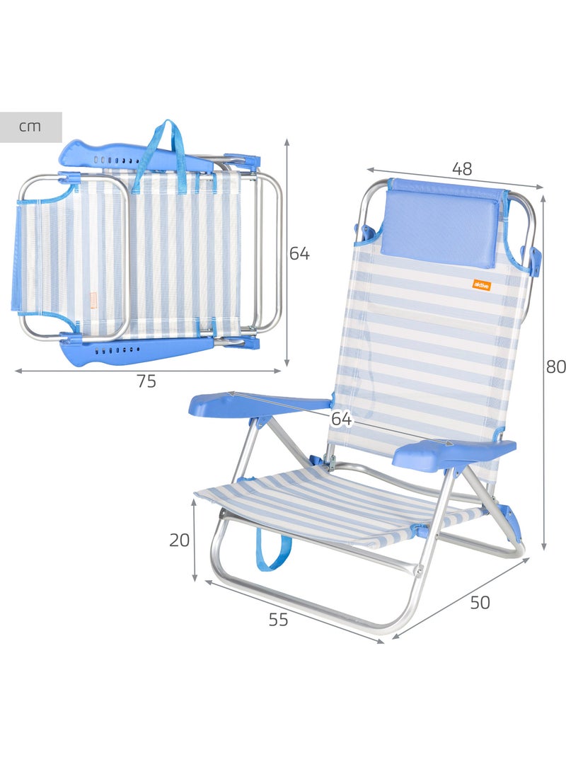 Lot de 2 chaises de plage basses multipositions 48x50x80 cm Bleu Blanc - Kiabi