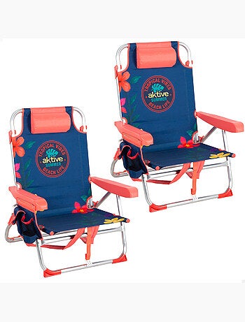 Lot de 2 chaises de plage multipositions moyennes (50x54x80 cm) à motifs floraux avec poches