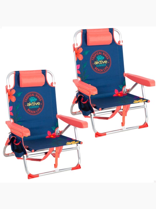 Lot de 2 chaises de plage multipositions moyennes (50x54x80 cm) à motifs floraux avec poches - Kiabi