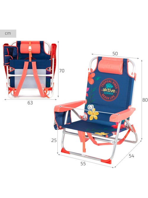 Lot de 2 chaises de plage multipositions moyennes (50x54x80 cm) à motifs floraux avec poches - Kiabi