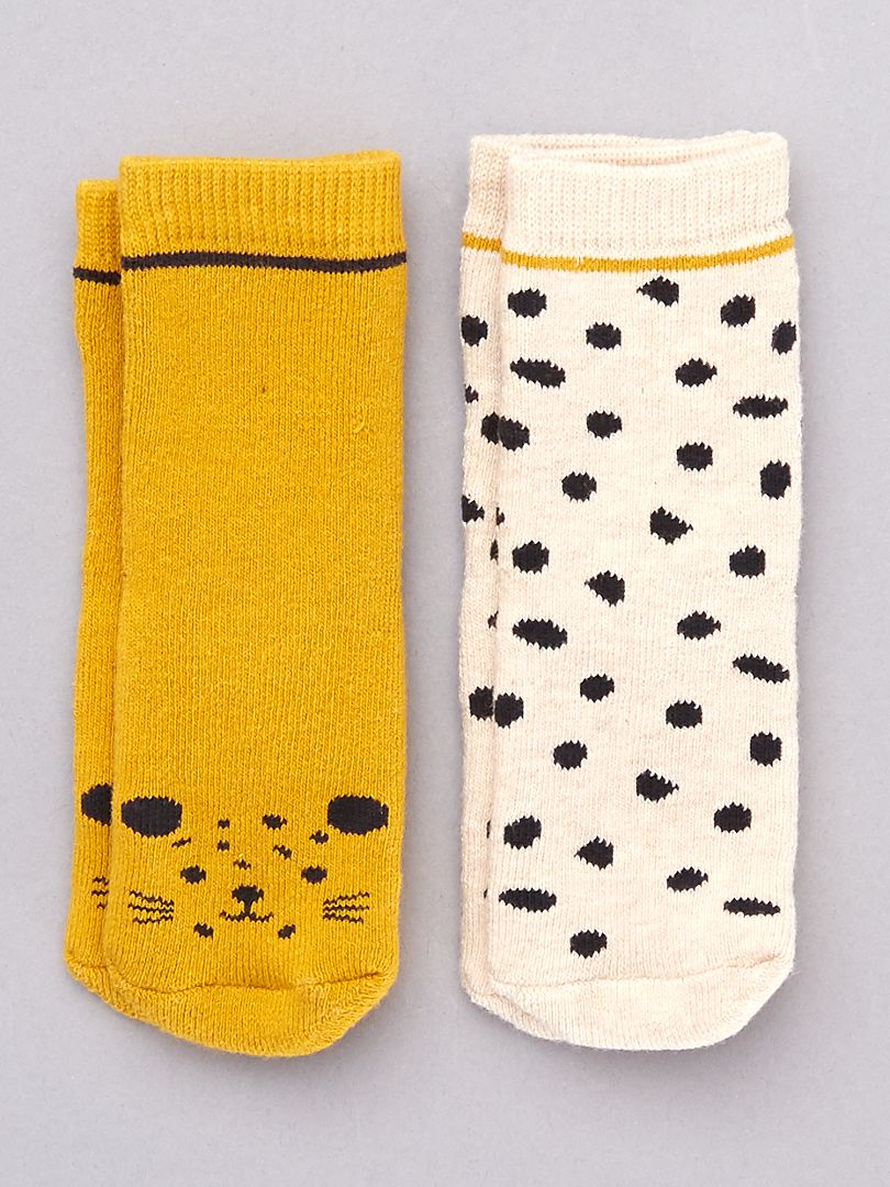 Lot de 2 paires de chaussettes antidérapantes pour bébé en coton bio Jaune  et Beige