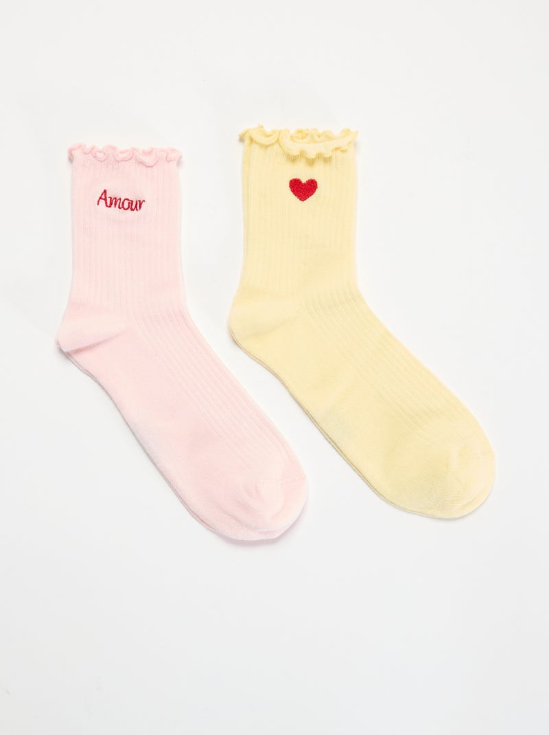 Lot de 2 chaussettes brodées à bords volantés Jaune - Kiabi