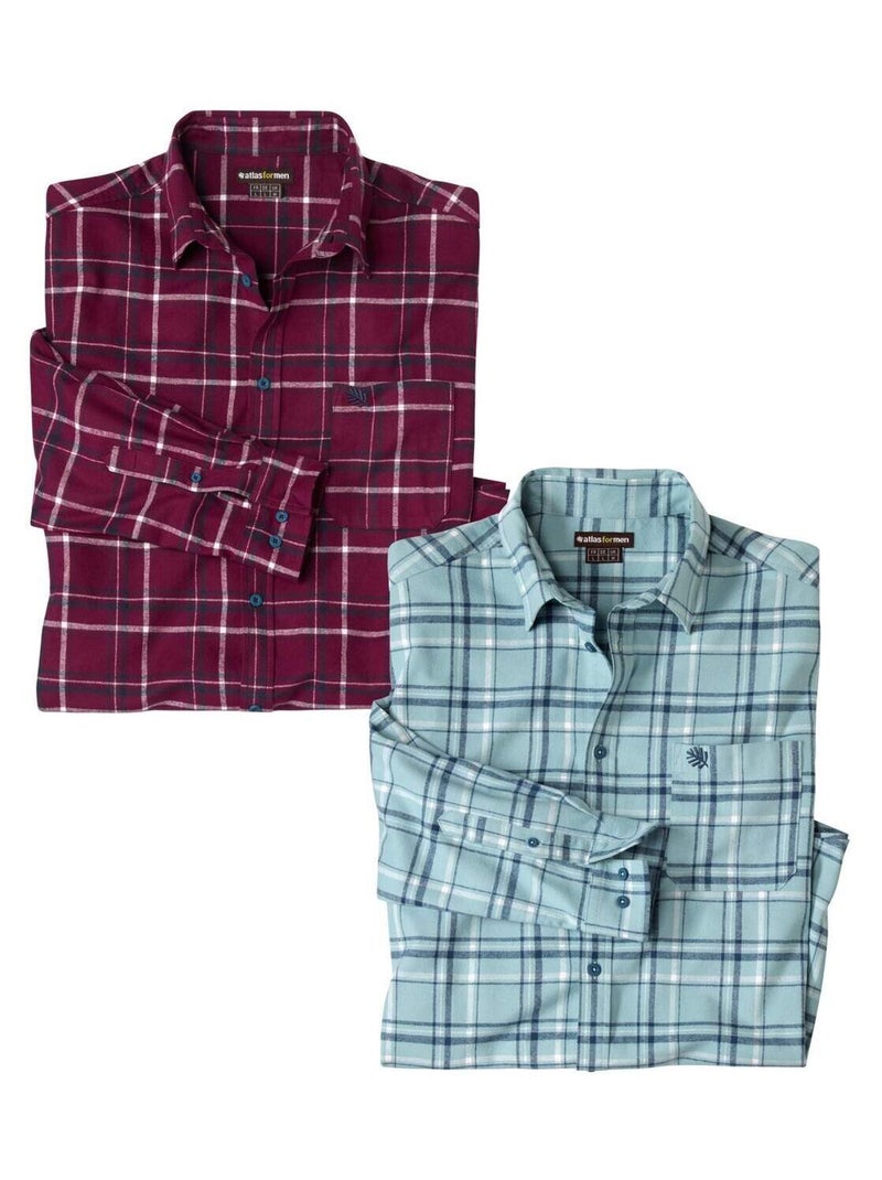 Lot de 2 Chemises Flanelle à Carreaux   - ATLAS FOR MEN Bleu Rouge - Kiabi