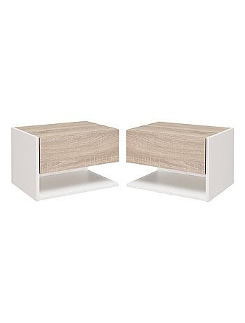 Lot de 2 chevets muraux - tiroir coulissant, étagère, plateau - blanc aspect chêne clair