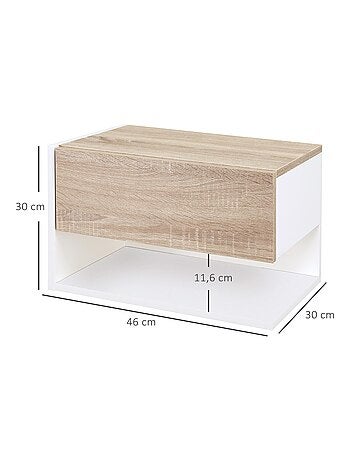 Lot de 2 chevets muraux - tiroir coulissant, étagère, plateau - blanc aspect chêne clair