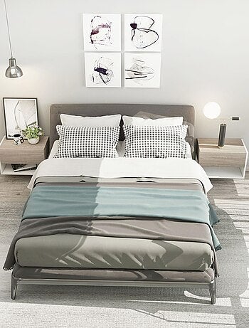 Lot de 2 chevets muraux - tiroir coulissant, étagère, plateau - blanc aspect chêne clair