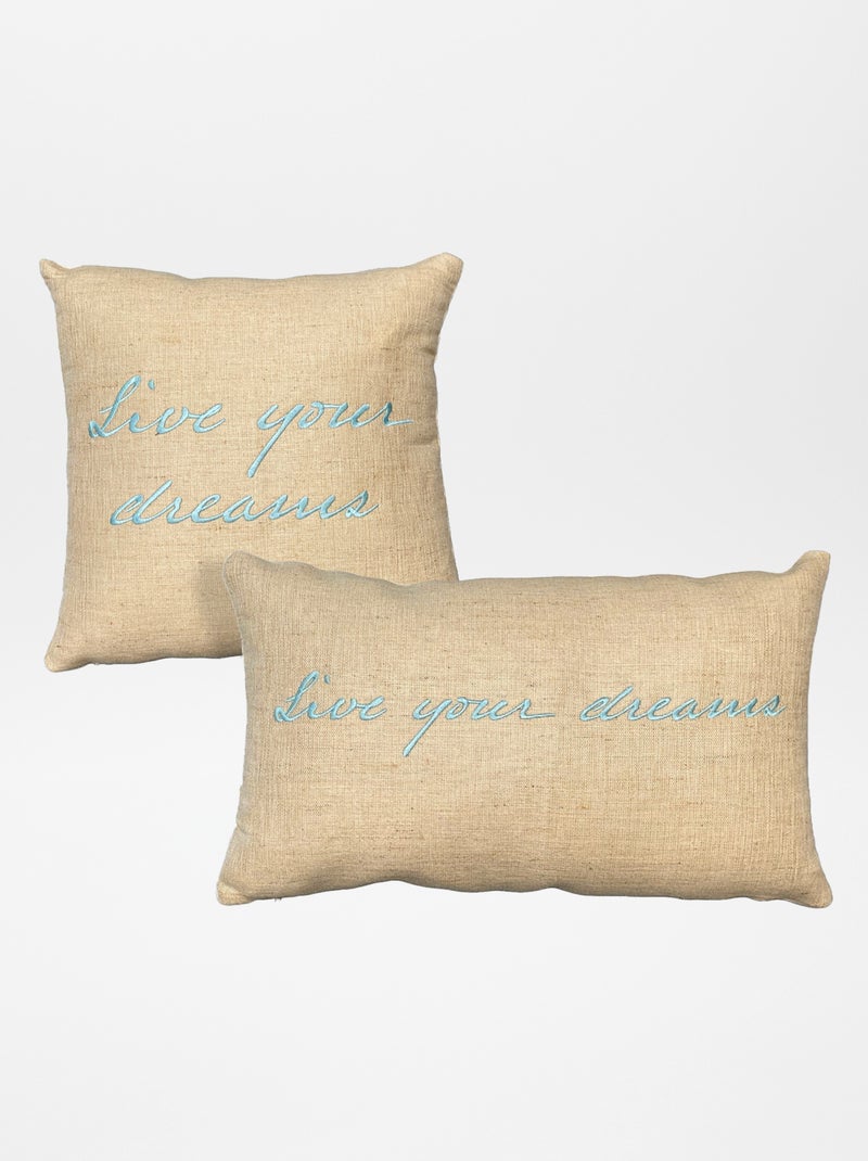Lot de 2 coussins avec écriture beige/bleu - Kiabi