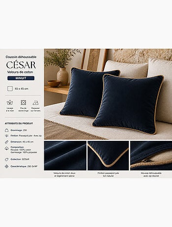 Lot de 2 Coussins Velours de Coton – Déhoussables avec zip – CÉSAR