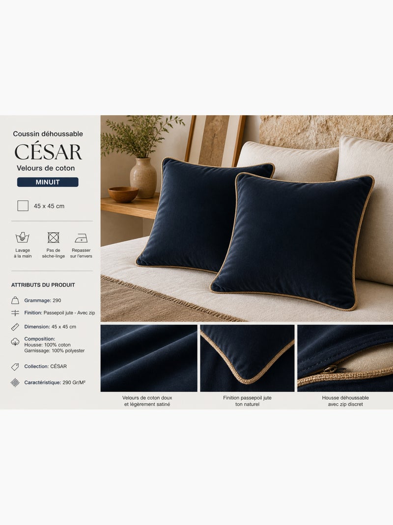 Lot de 2 Coussins Velours de Coton – Déhoussables avec zip – CÉSAR Bleu foncé - Kiabi