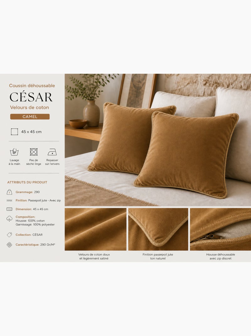 Lot de 2 Coussins Velours de Coton – Déhoussables avec zip – CÉSAR Camel - Kiabi
