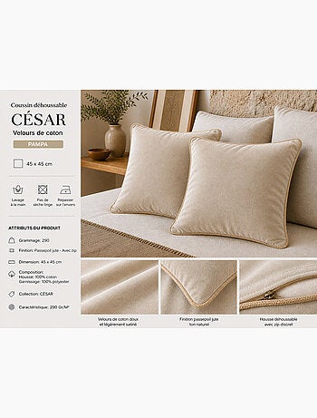 Lot de 2 Coussins Velours de Coton – Déhoussables avec zip – CÉSAR