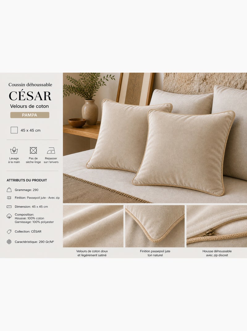 Lot de 2 Coussins Velours de Coton – Déhoussables avec zip – CÉSAR Ecru/Sable - Kiabi