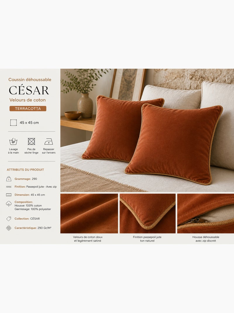 Lot de 2 Coussins Velours de Coton – Déhoussables avec zip – CÉSAR Terracotta - Kiabi