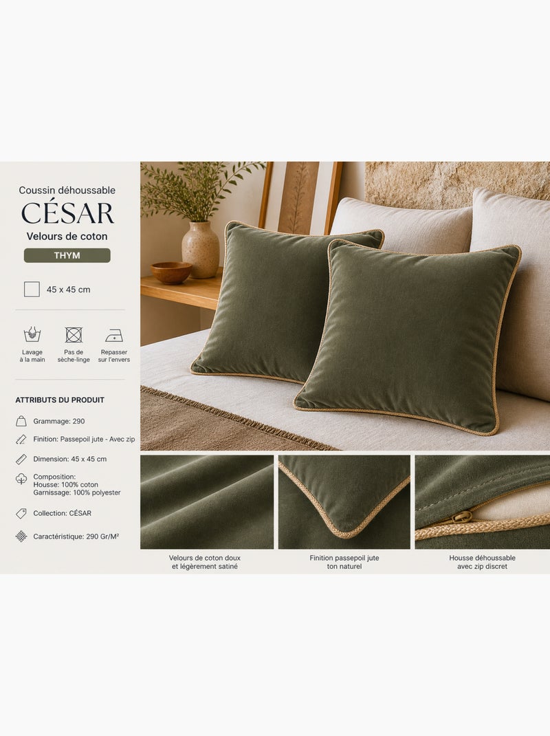 Lot de 2 Coussins Velours de Coton – Déhoussables avec zip – CÉSAR Vert romarin - Kiabi