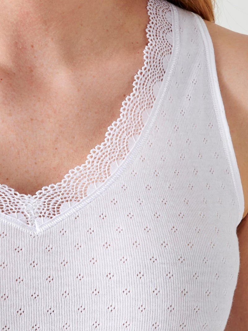 Lot de 2 débardeurs Essential maille jacquard et dentelle pur coton peigné - Damart Blanc - Kiabi