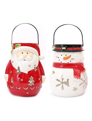 Lot de 2 Déco de Noël lanterne Xmas - Père Noêl et Bonhomme de Neige