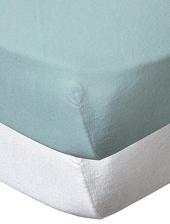 Lot de 2 draps housse en coton 60x120 cm Blanc + turquoise - Kiabi