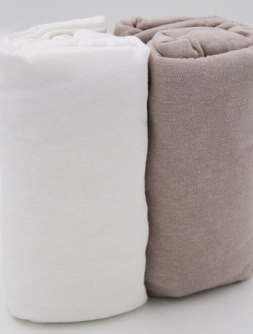 Lot de 2 draps-housses en coton 60x120 cm - Blanc + Taupe - Kiabi