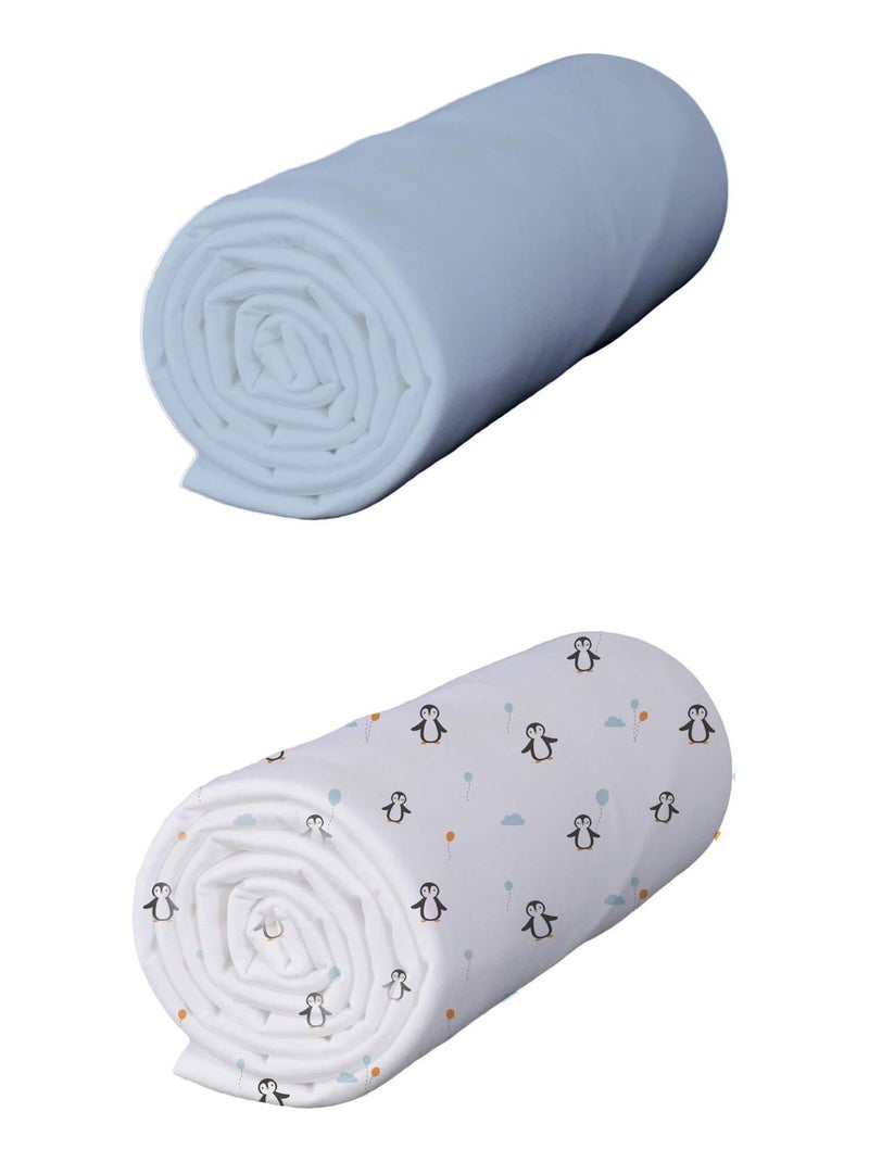 Lot de 2 draps housses PINGOUIN Blanc Bleu - Kiabi