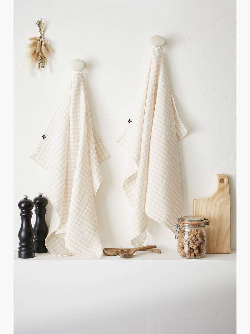 Lot de 2 essuie-mains - gaze de coton tissée teinte - Carreaux vichy - Vickie Beige - Kiabi