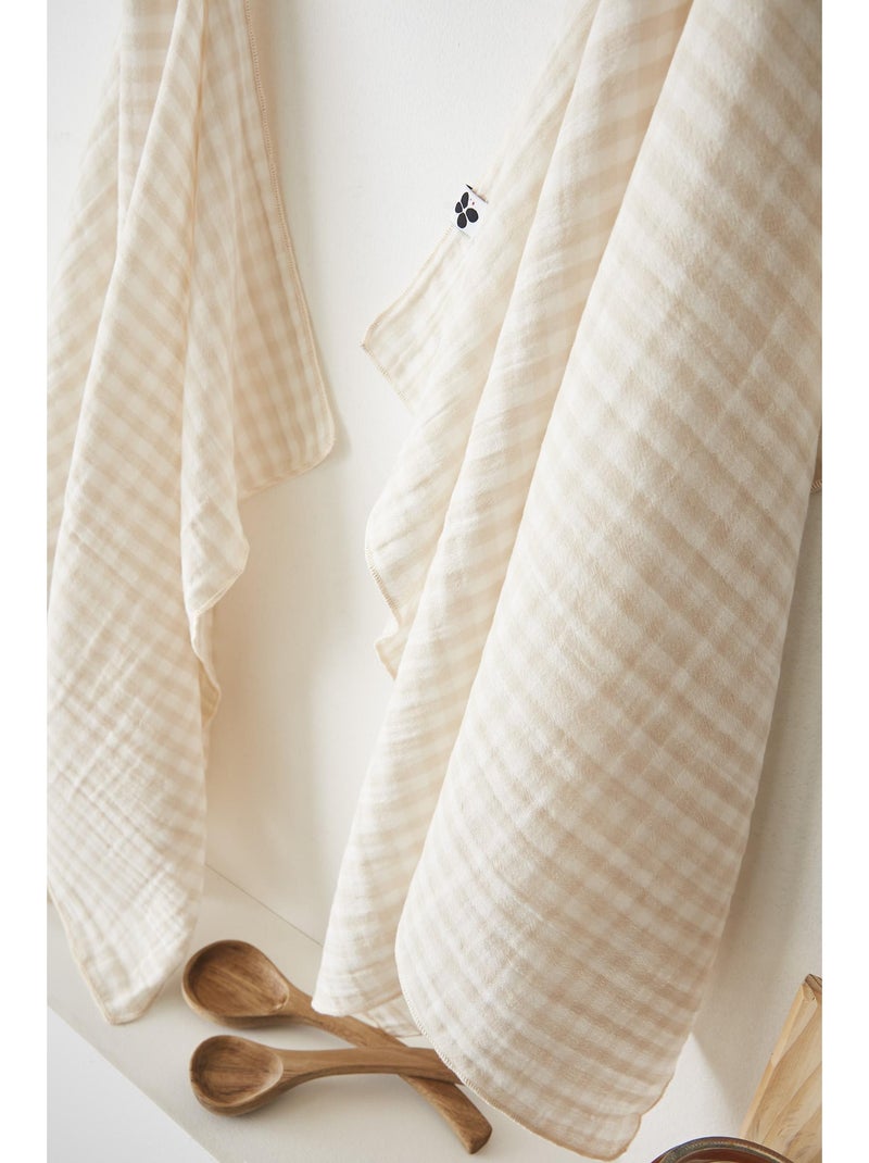 Lot de 2 essuie-mains - gaze de coton tissée teinte - Carreaux vichy - Vickie Beige - Kiabi