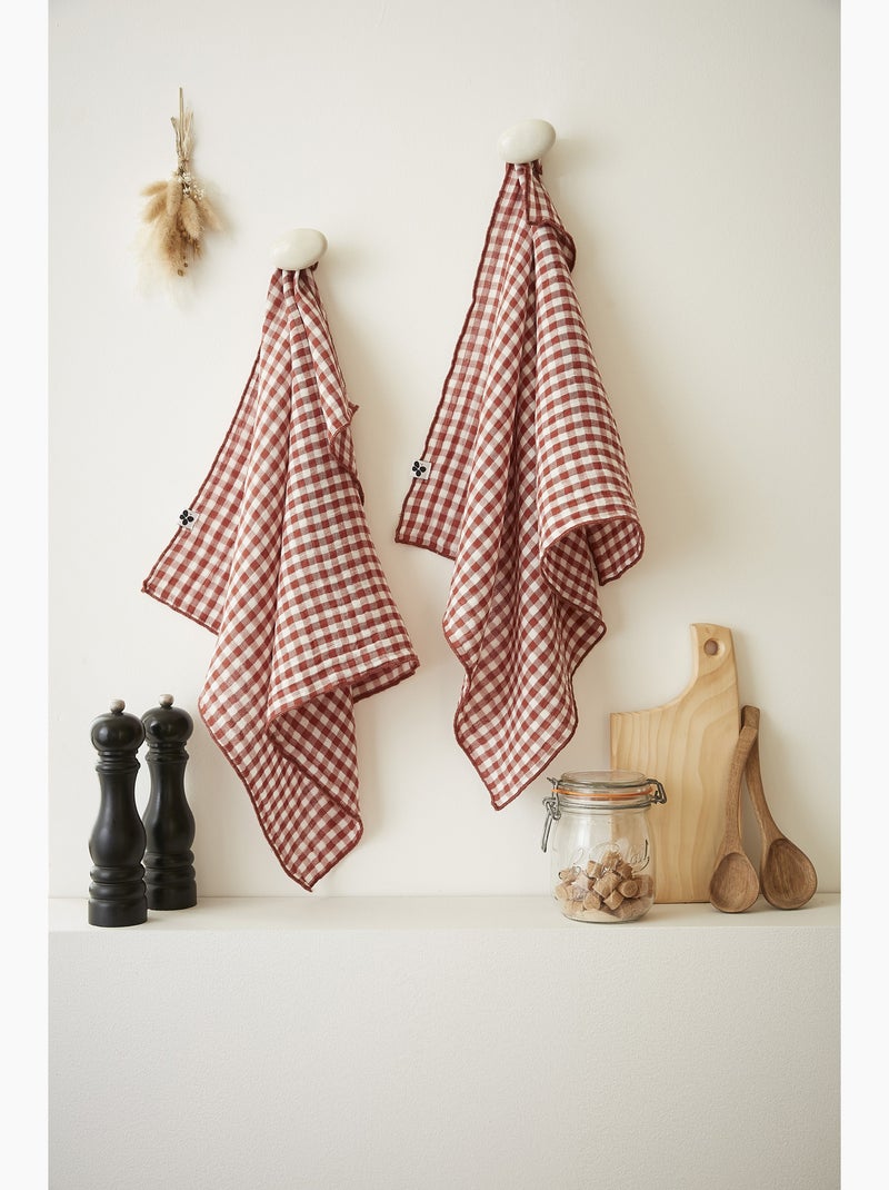 Lot de 2 essuie-mains - gaze de coton tissée teinte - Carreaux vichy - Vickie Terracotta - Kiabi
