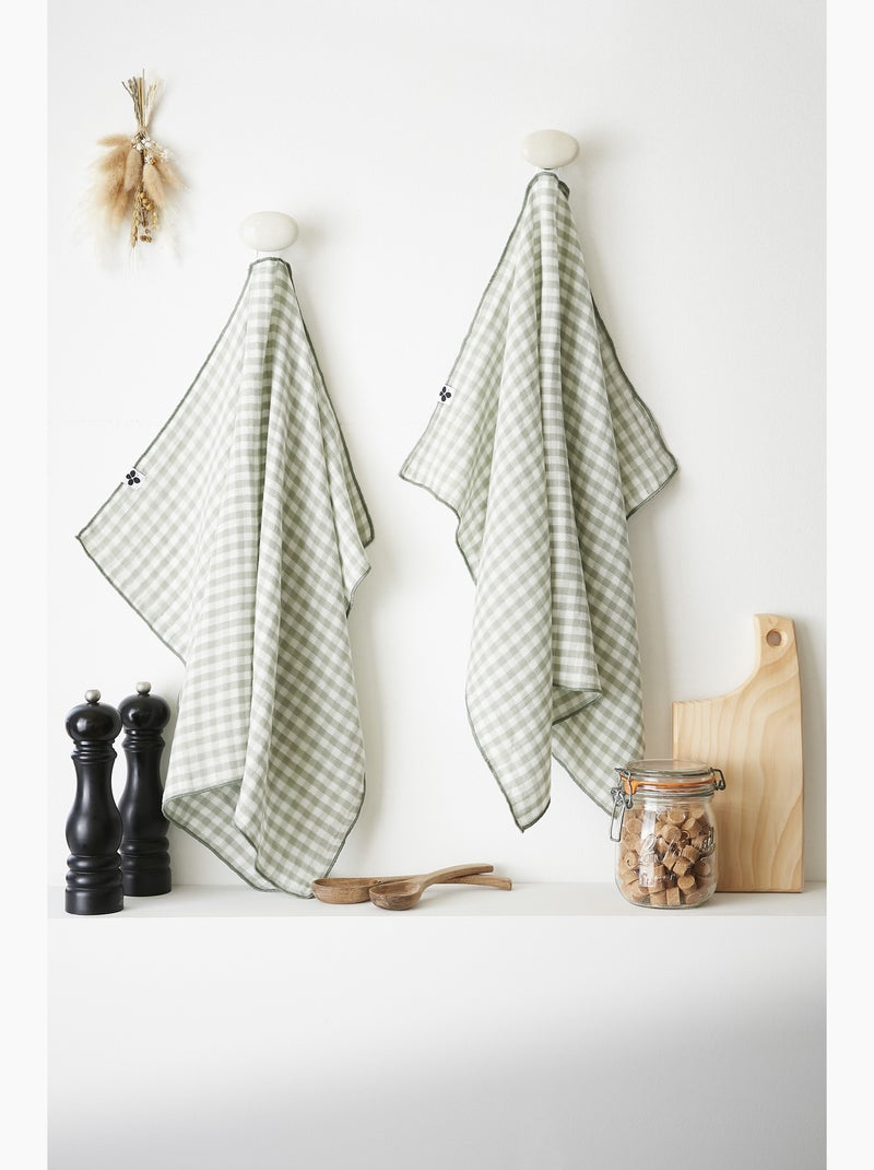 Lot de 2 essuie-mains - gaze de coton tissée teinte - Carreaux vichy - Vickie Vert eucalyptus - Kiabi