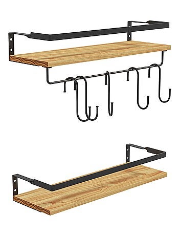 Lot de 2 étagères murales flottantes - 6 crochets amovibles - sapin acier