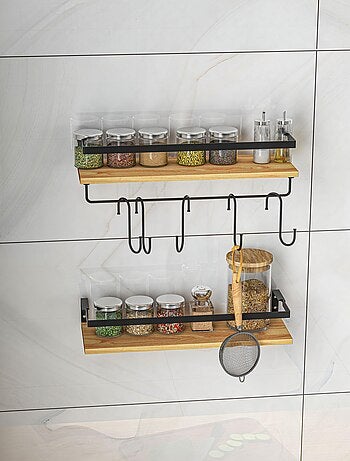 Lot de 2 étagères murales flottantes - 6 crochets amovibles - sapin acier