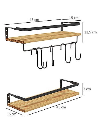 Lot de 2 étagères murales flottantes - 6 crochets amovibles - sapin acier