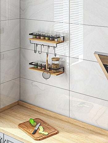 Lot de 2 étagères murales flottantes - 6 crochets amovibles - sapin acier