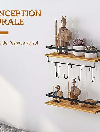 Lot de 2 étagères murales flottantes - 6 crochets amovibles - sapin acier