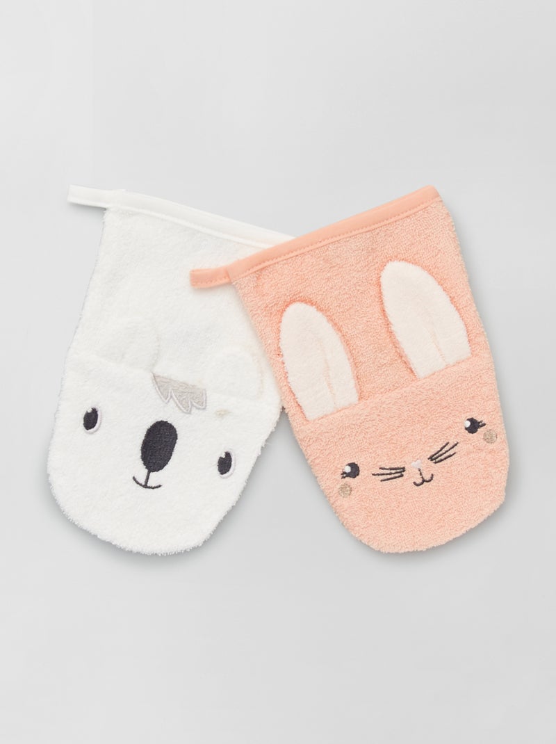 Lot de 2 gants de toilette 'animaux' rose/blanc - Kiabi