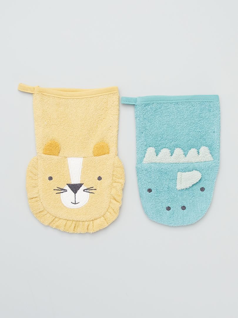 Lot de 2 gants de toilette 'animaux' vert/jaune - Kiabi