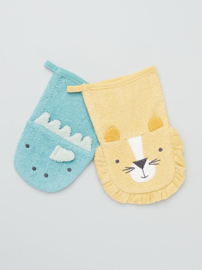 Lot de 2 gants de toilette 'animaux' vert/jaune - Kiabi