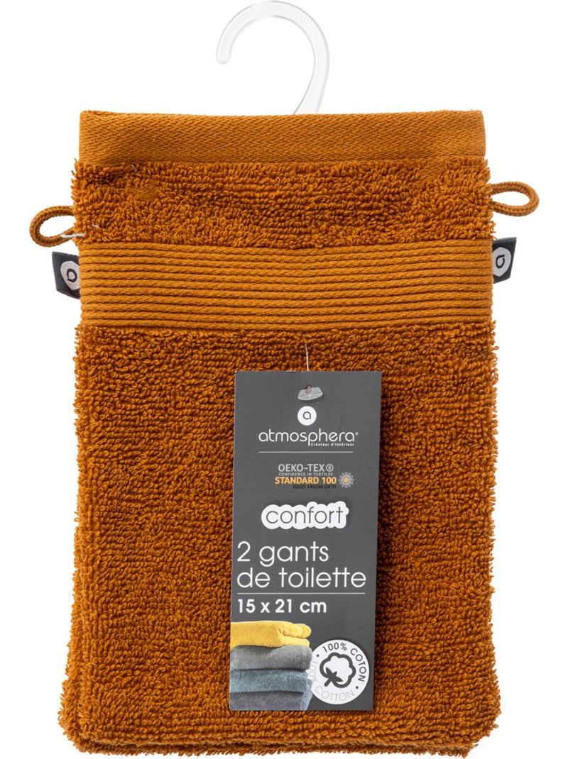 Lot de 2 gants de toilette en coton PRAIA Moutarde - Kiabi