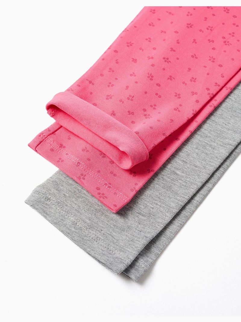 Lot de 2 leggings en coton unis/à fleurs Rose - Kiabi