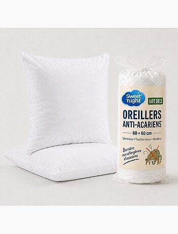 Lot de 2 oreillers 60x60 cm - anti acariens - anti bactériens - confort moelleux - oeko-tex - pack