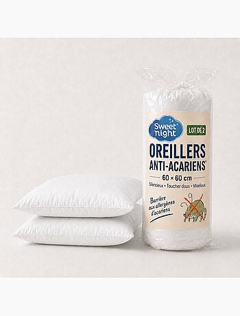 Lot de 2 oreillers 60x60 cm - anti acariens - anti bactériens - confort moelleux - oeko-tex - pack