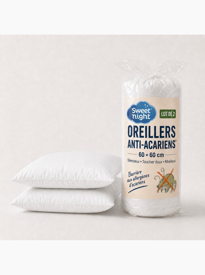 Lot de 2 oreillers 60x60 cm - anti acariens - anti bactériens - confort moelleux - oeko-tex - pack Blanc - Kiabi