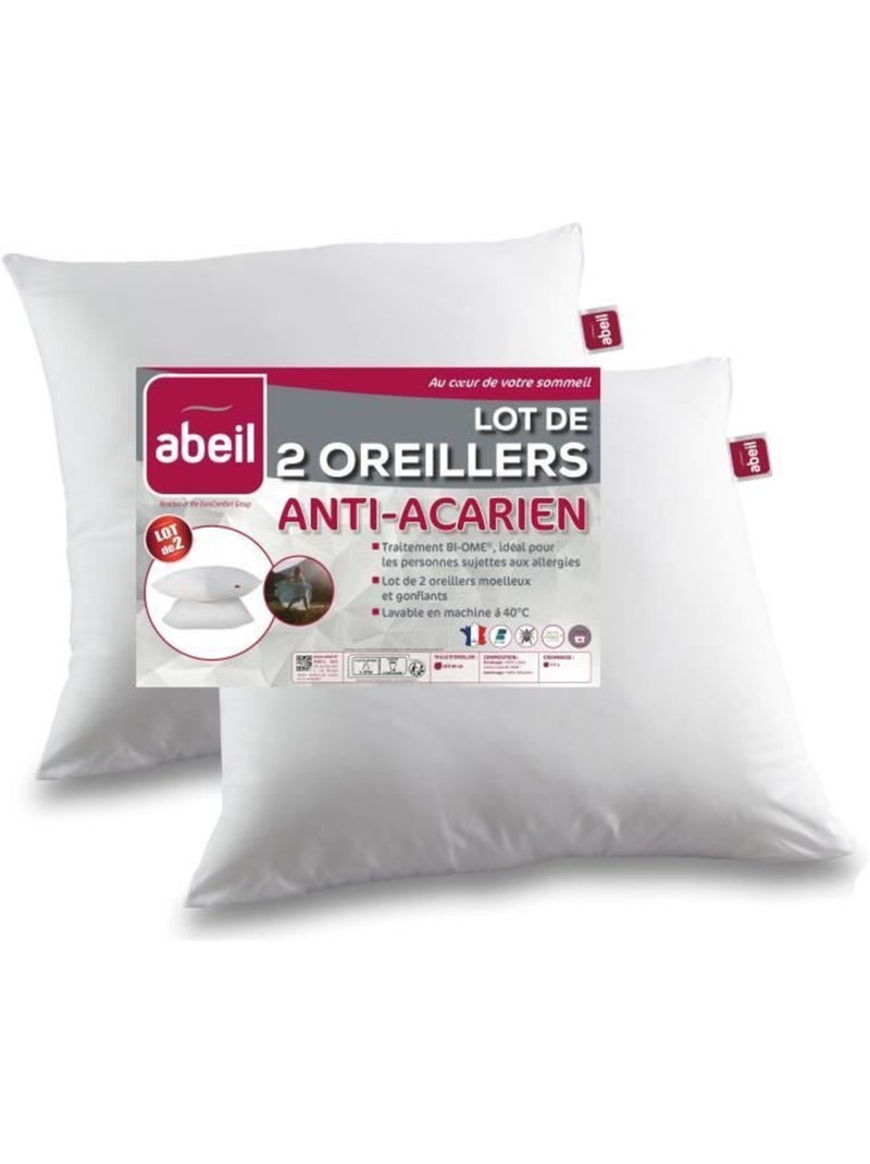 Lot de 2 oreillers anti-acariens - 60 x 60 cm - 100% coton traité biome® - abeil Blanc - Kiabi