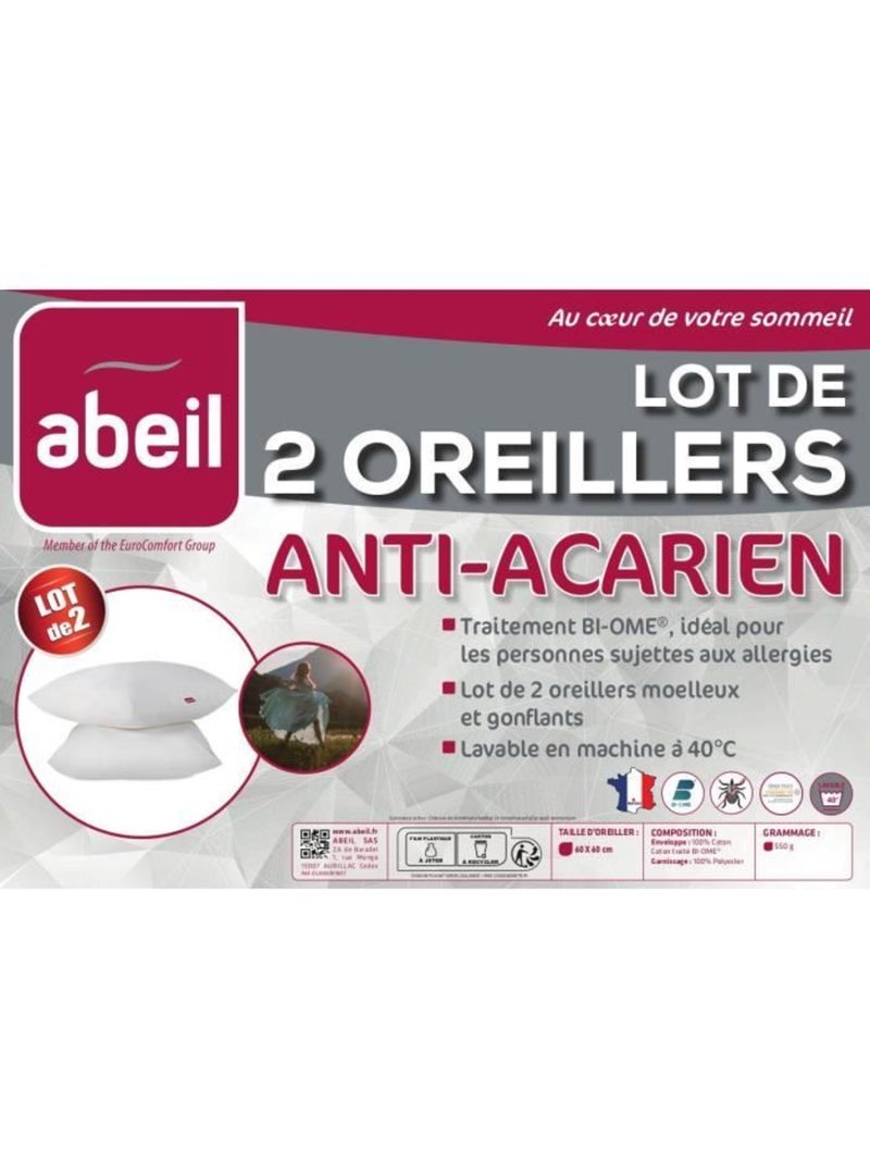 Lot de 2 oreillers anti-acariens - 60 x 60 cm - 100% coton traité biome® - abeil Blanc - Kiabi