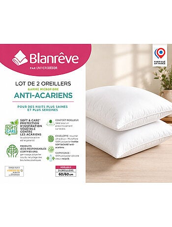 Lot de 2 oreillers douceur 60 x 60 cm – anti-acariens soft & care – blanrêve