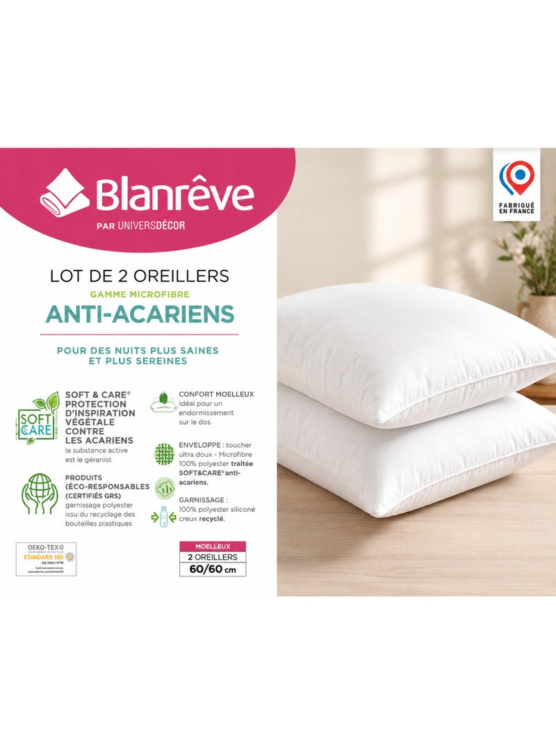 Lot de 2 Oreillers Douceur 60 x 60 cm – Anti-Acariens Soft & Care – Blanrêve Blanc - Kiabi